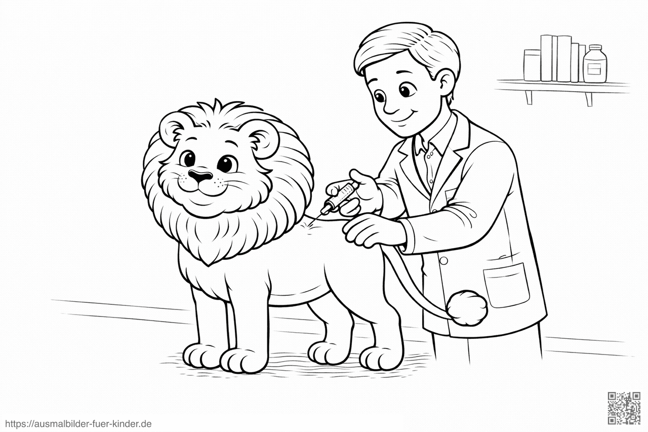 Tierarzt impft Löwe im Cartoon-Stil - Ausmalbild Tierarzt impft Löwe im Cartoon-Stil - Ausmalbild