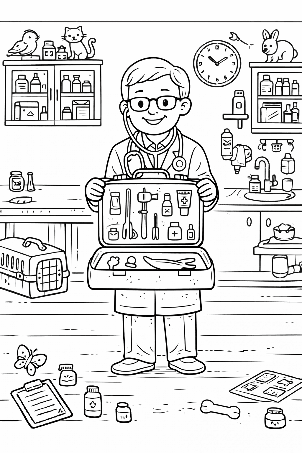 Tierarzt in der Klinik mit Tasche - Ausmalbild