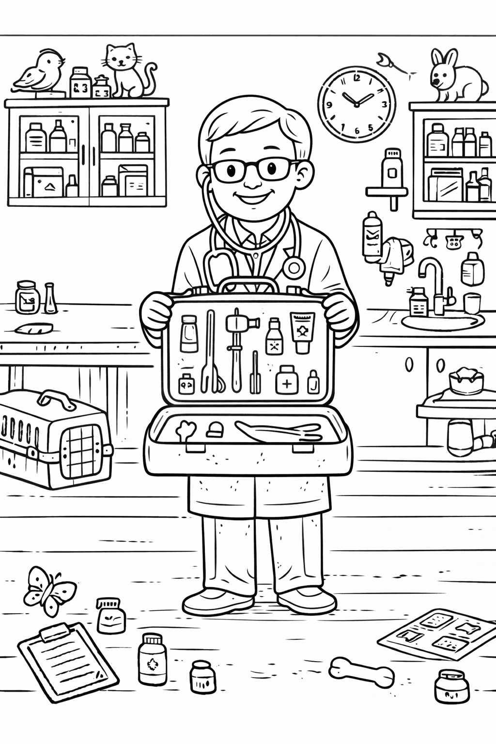 Tierarzt mit Medizinkasten im Blick - Ausmalbild