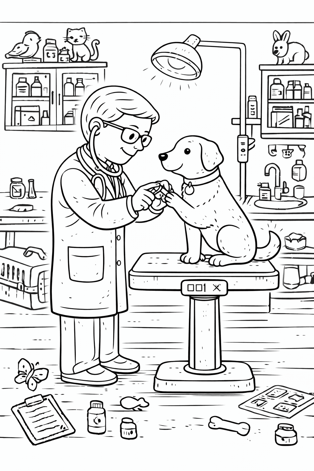 Tierarzt schneidet Hundepfotenägel - Ausmalbild