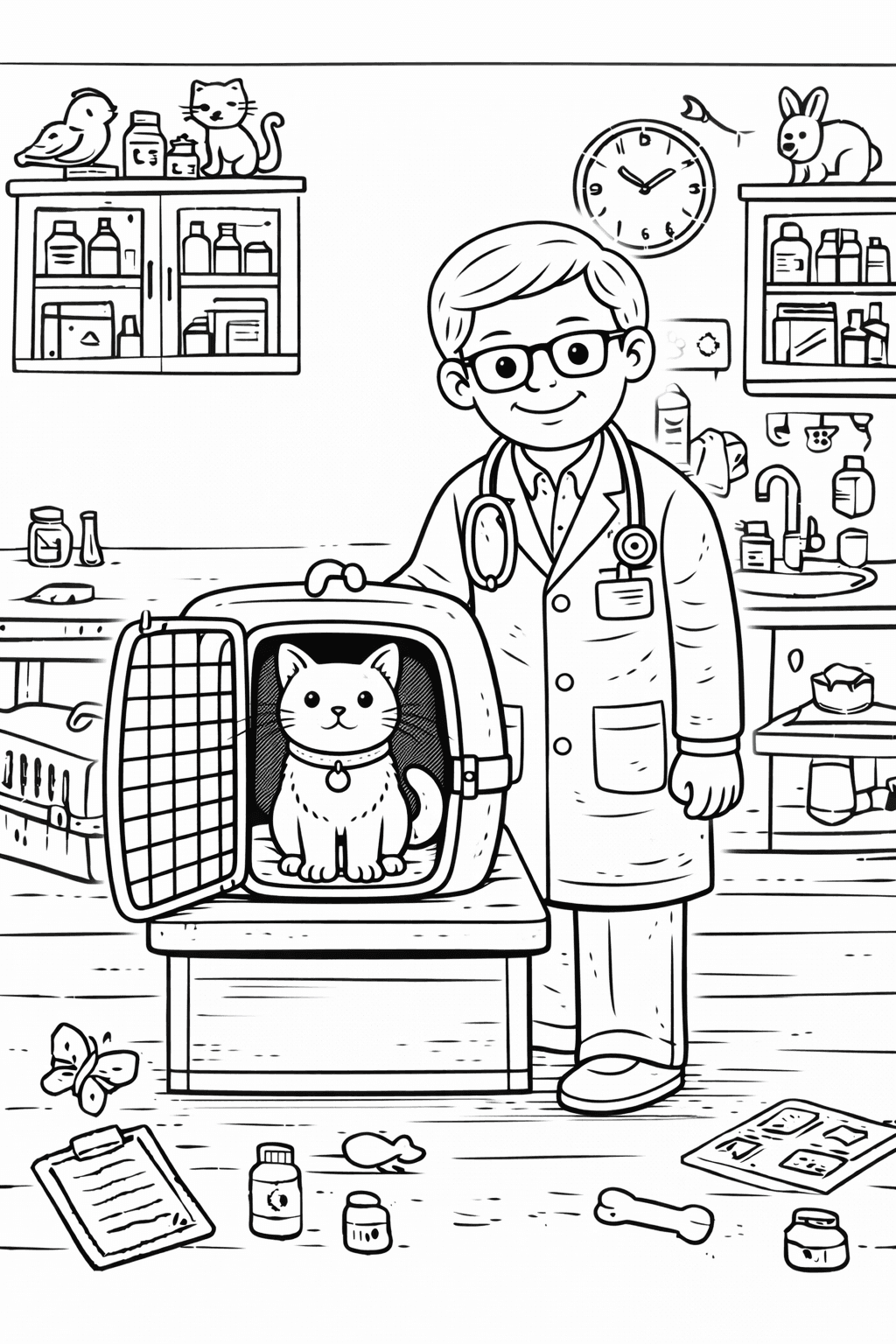 Tierarzt und zufriedene Katze - Ausmalbild