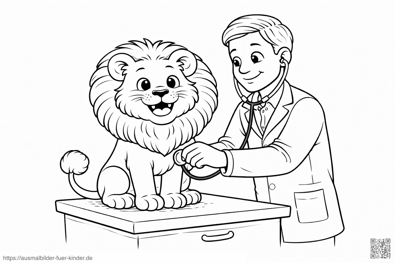Tierarzt untersucht fröhlichen Löwen - Ausmalbild Tierarzt untersucht fröhlichen Löwen - Ausmalbild