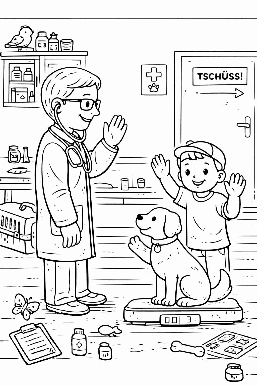 Tierarzt verabschiedet sich mit einem Lächeln - Ausmalbild