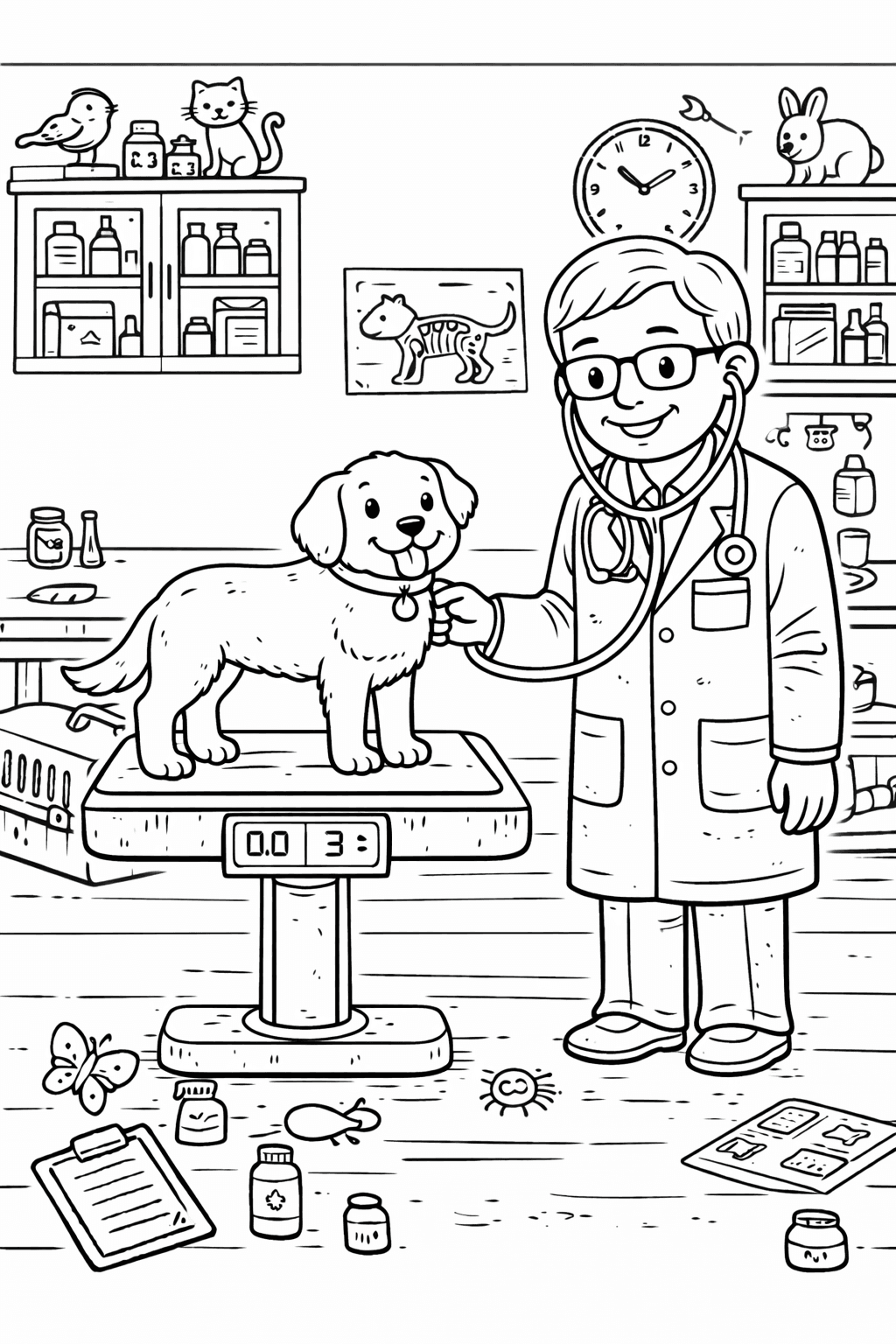 Tierarzt wiegt Hund in Klinik - Ausmalbild