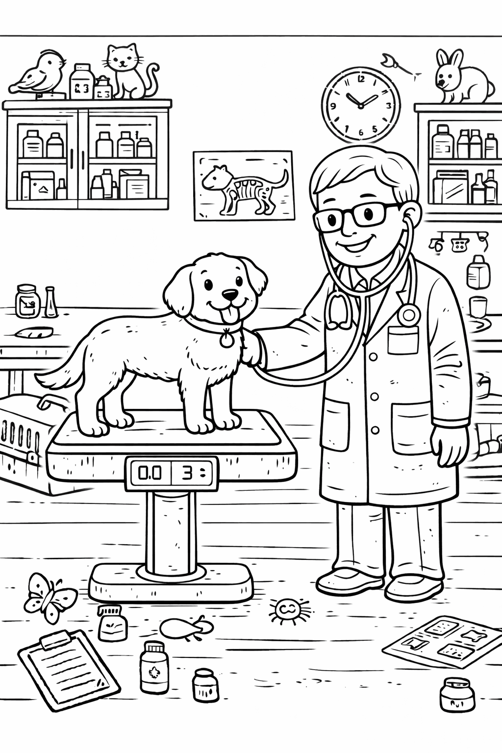 Tierarzt wiegt glücklichen Hund - Ausmalbild