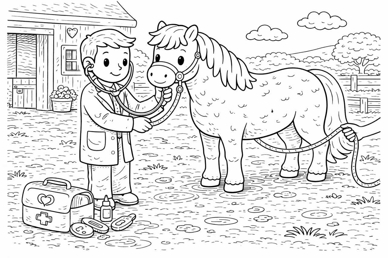 Tierarzt auf dem Hof - Ausmalbild