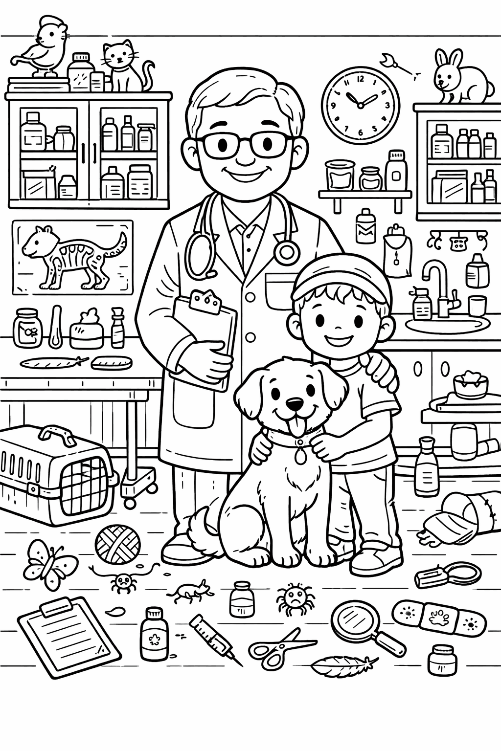 Tierarztbesuch mit einem fröhlichen Jungen - Ausmalbild