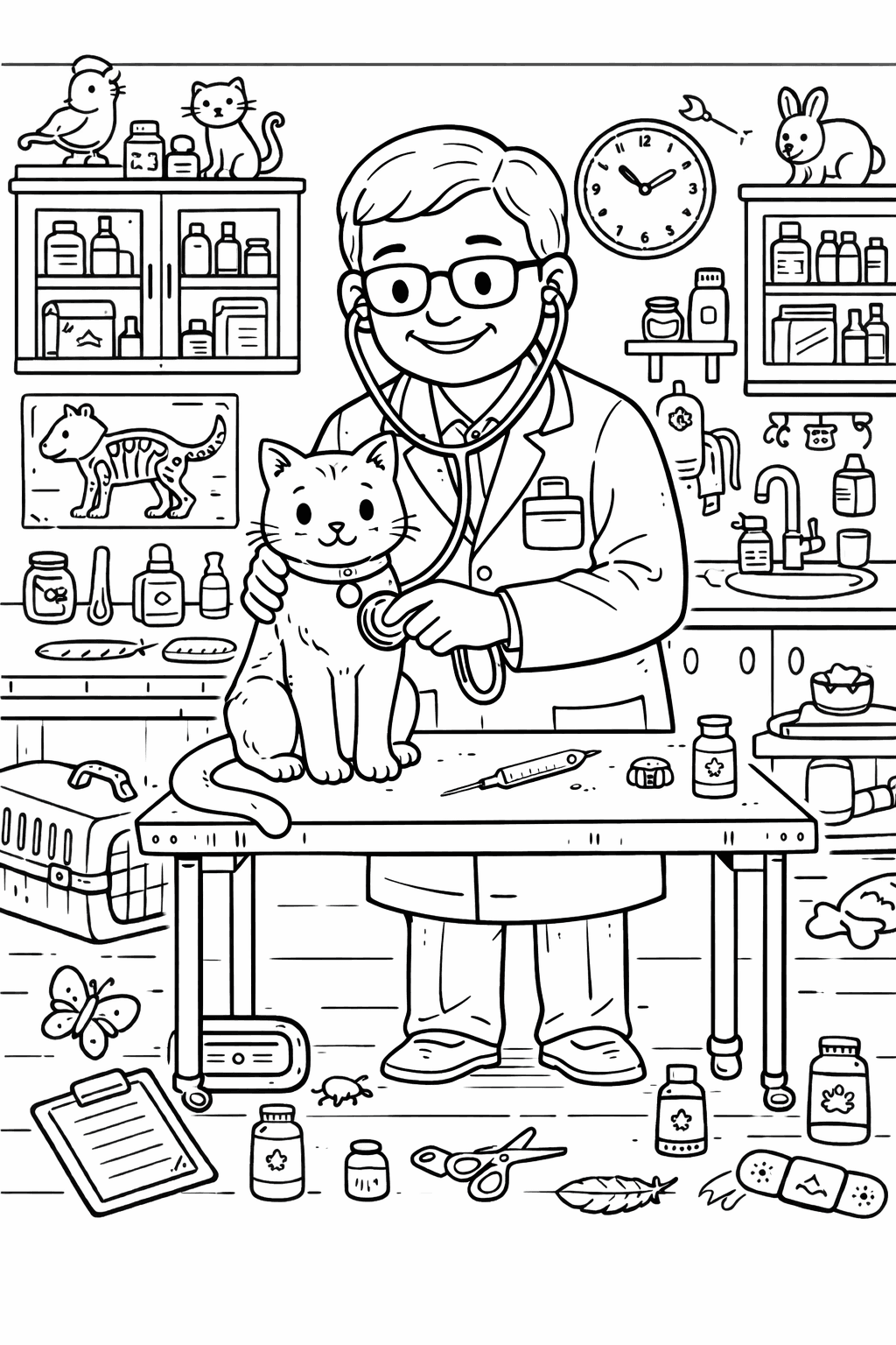 Tierarztuntersuchung bei ruhiger Katze - Ausmalbild