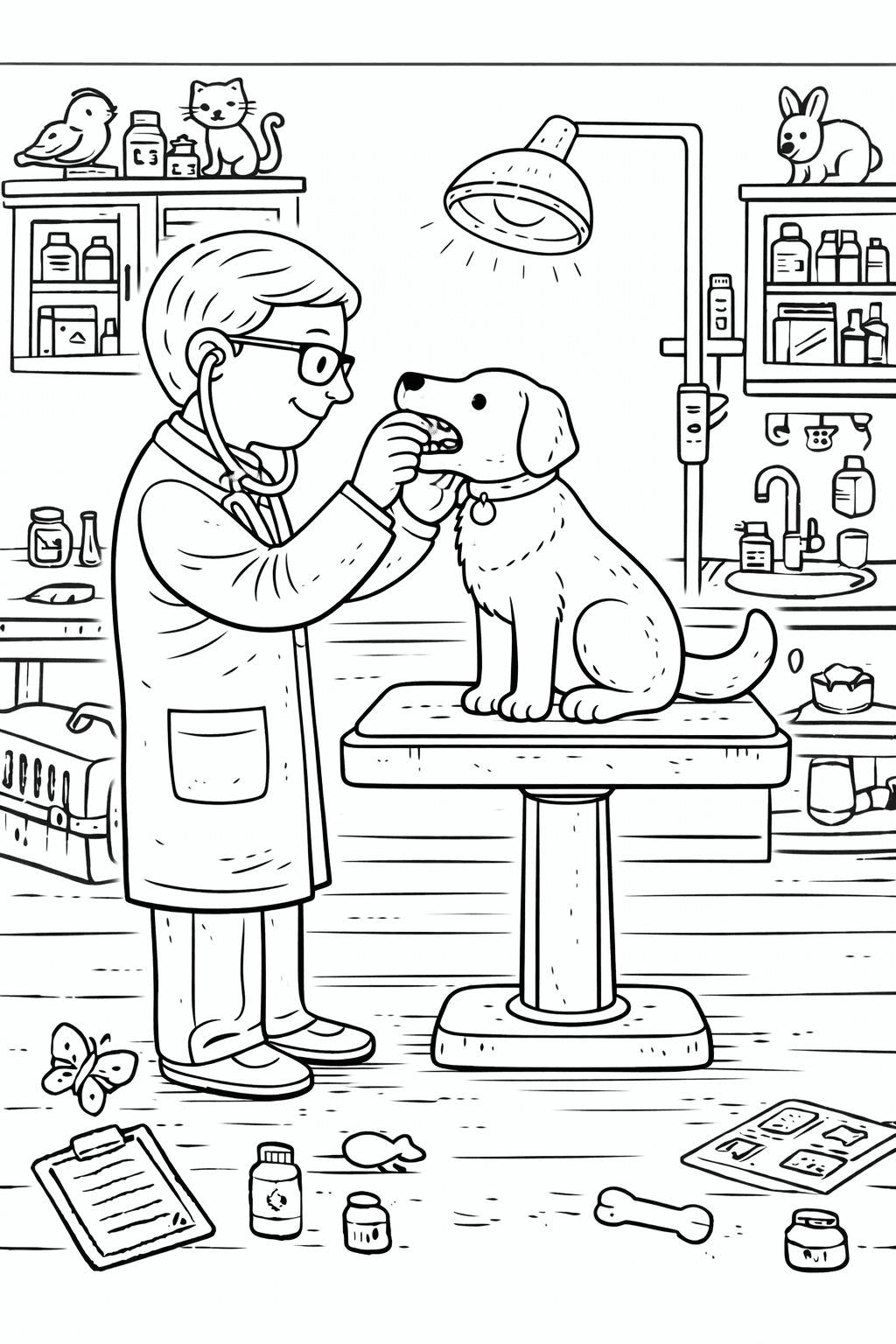 Tierarztuntersuchung im Behandlungsraum - Ausmalbild