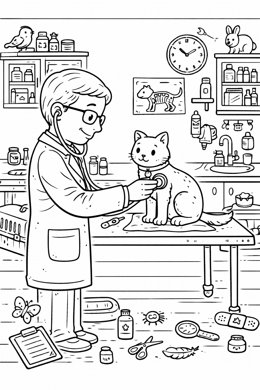 Tierarztuntersuchung im Wohnzimmerklinik - Ausmalbild