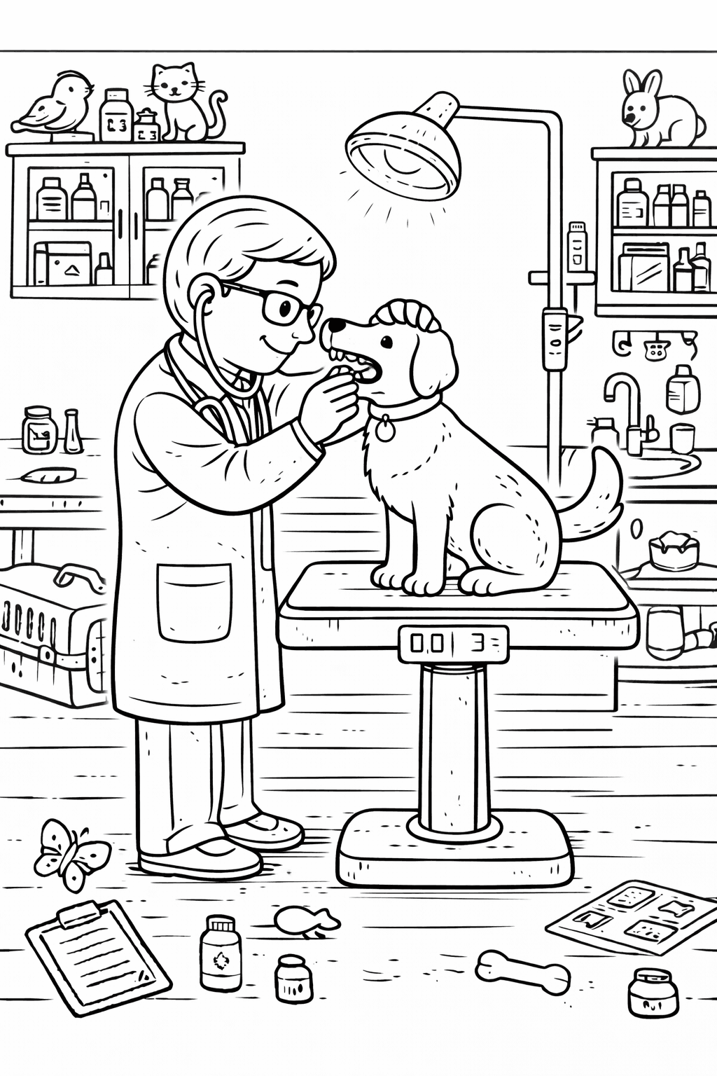 Tierarztuntersuchung in der Klinik - Ausmalbild
