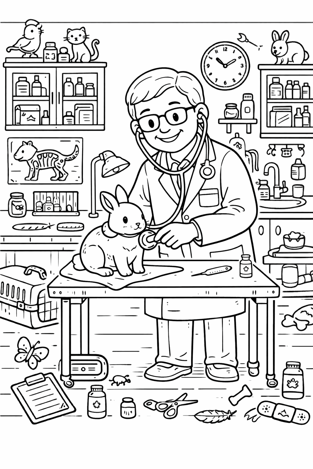 Tierarztuntersuchung mit einem Kaninchen - Ausmalbild
