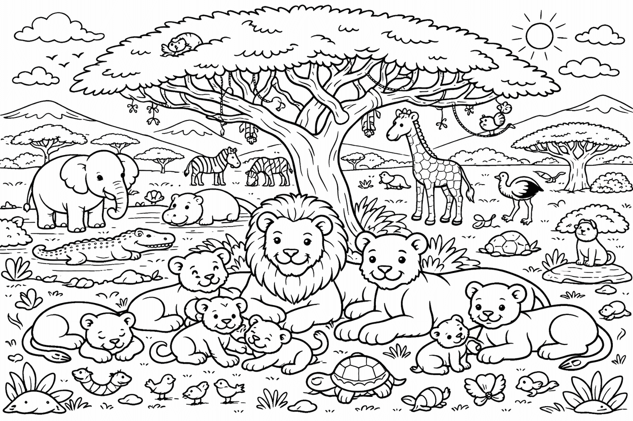 Tiere der Savanne unter dem Akazienbaum - Ausmalbild