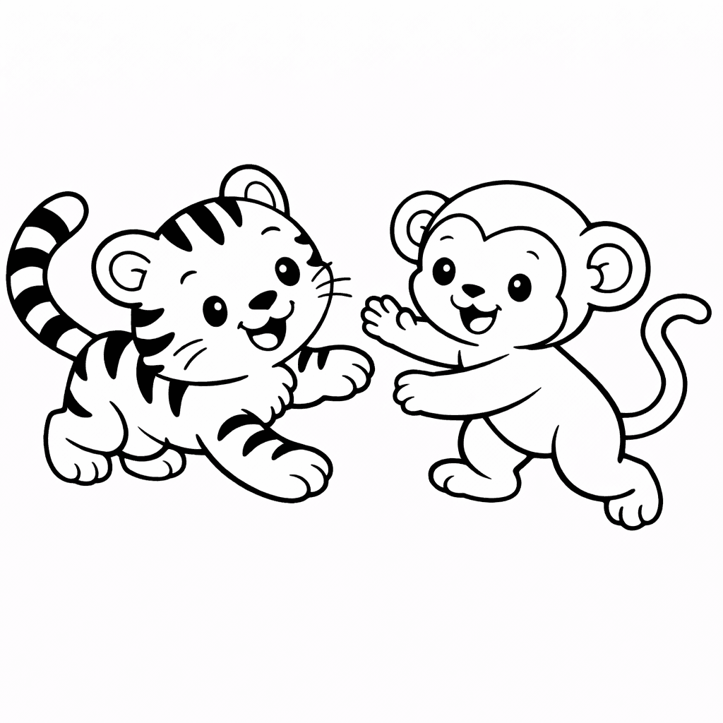 Tiger und Affe spielen zusammen - Ausmalbild