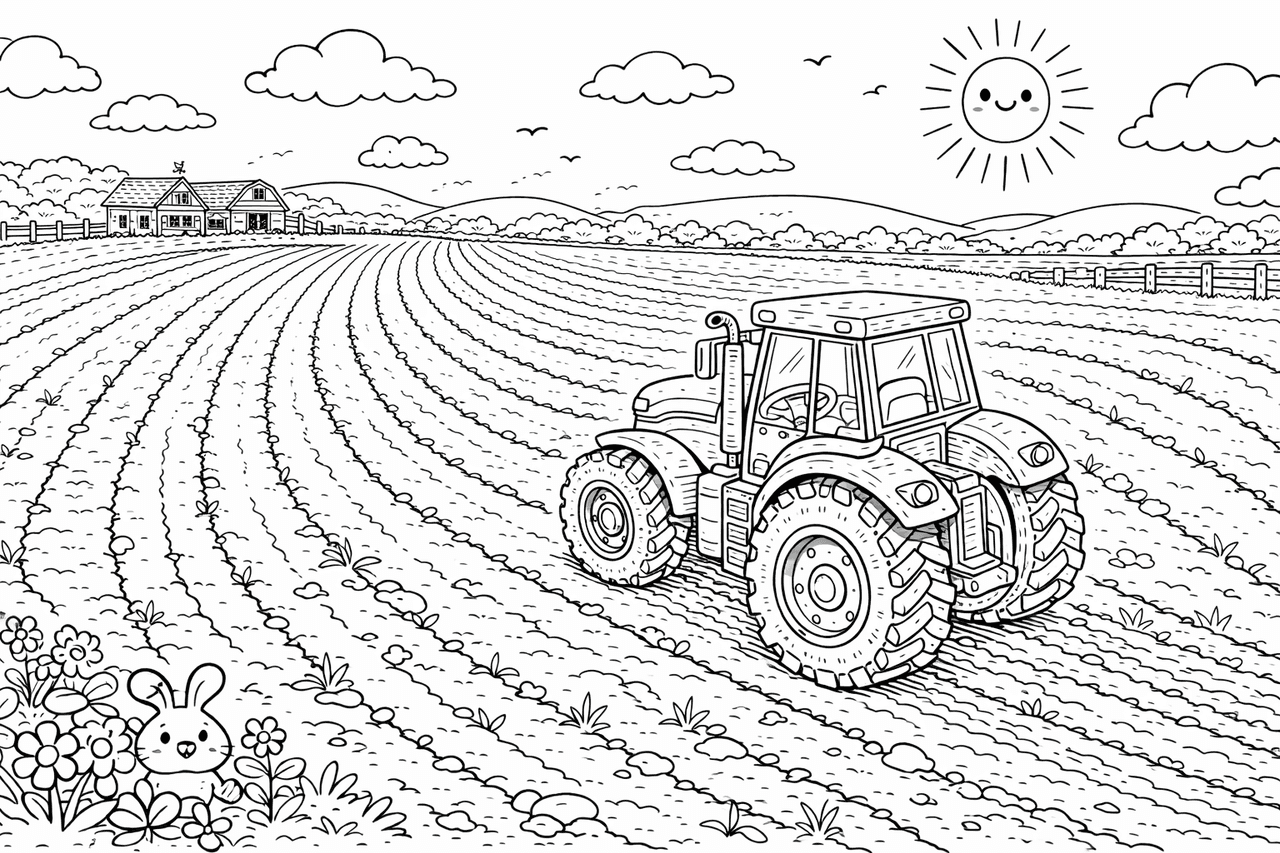 Traktor und Hasen - Ausmalbild