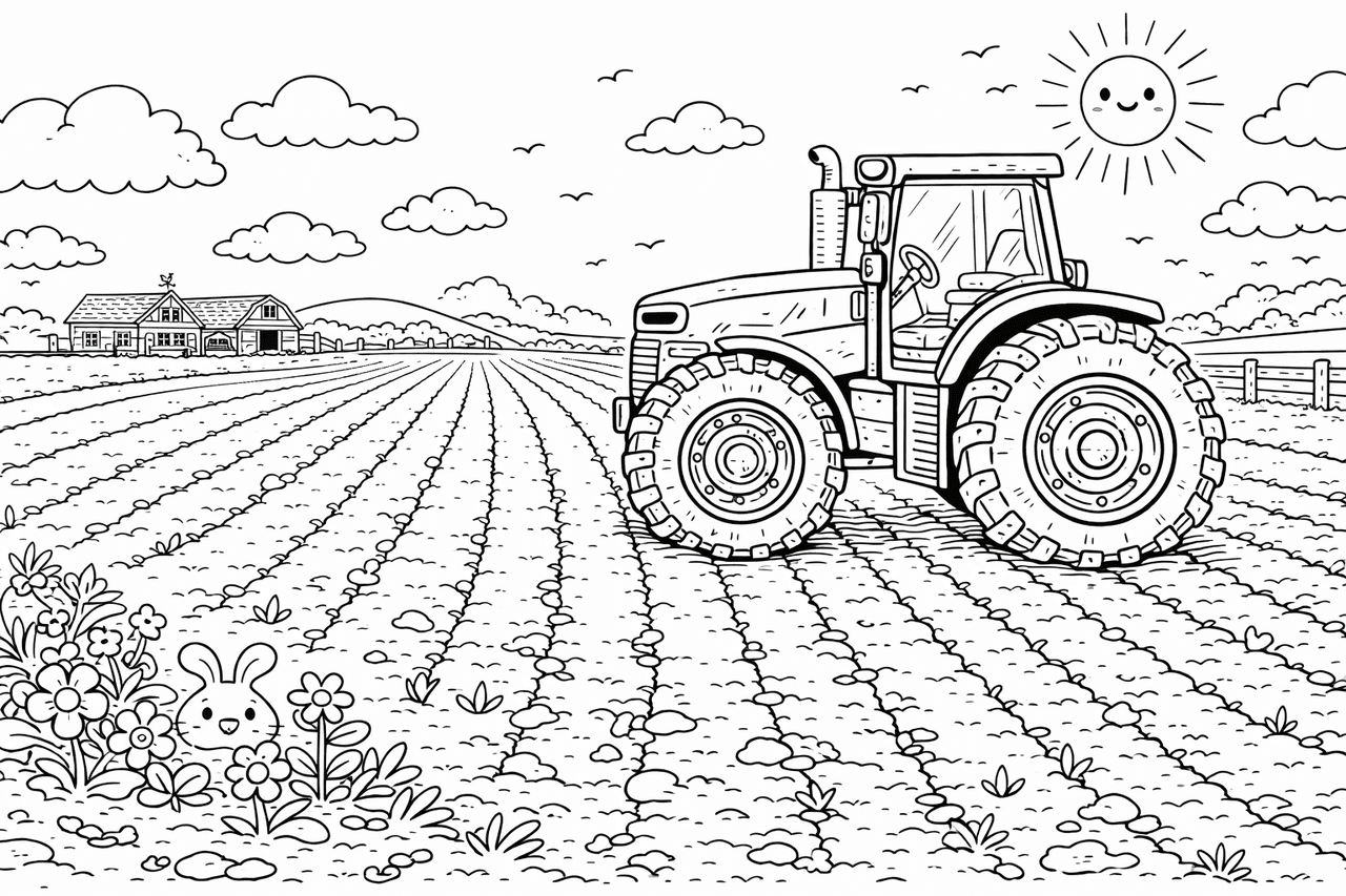 Traktor beim Pflügen - Ausmalbild