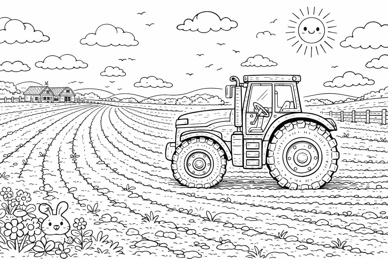 Traktor im Feld mit Hasen - Ausmalbild