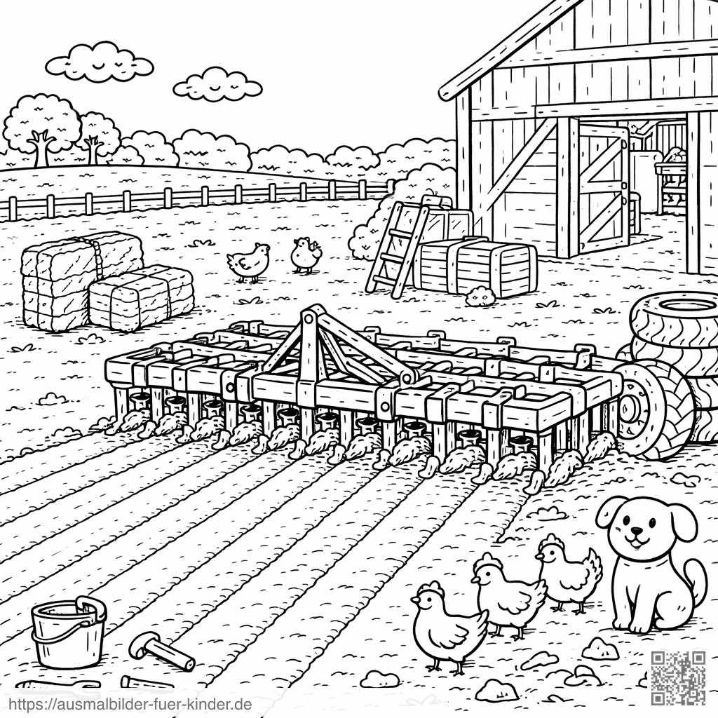 Bauernhofszene mit einem Eggegerät - Ausmalbild