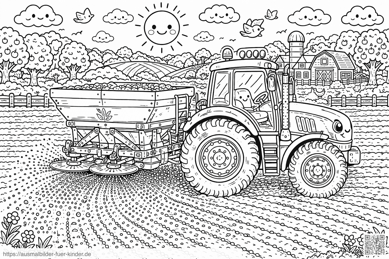 Fröhliche Farm mit Traktor und Acker - Ausmalbild