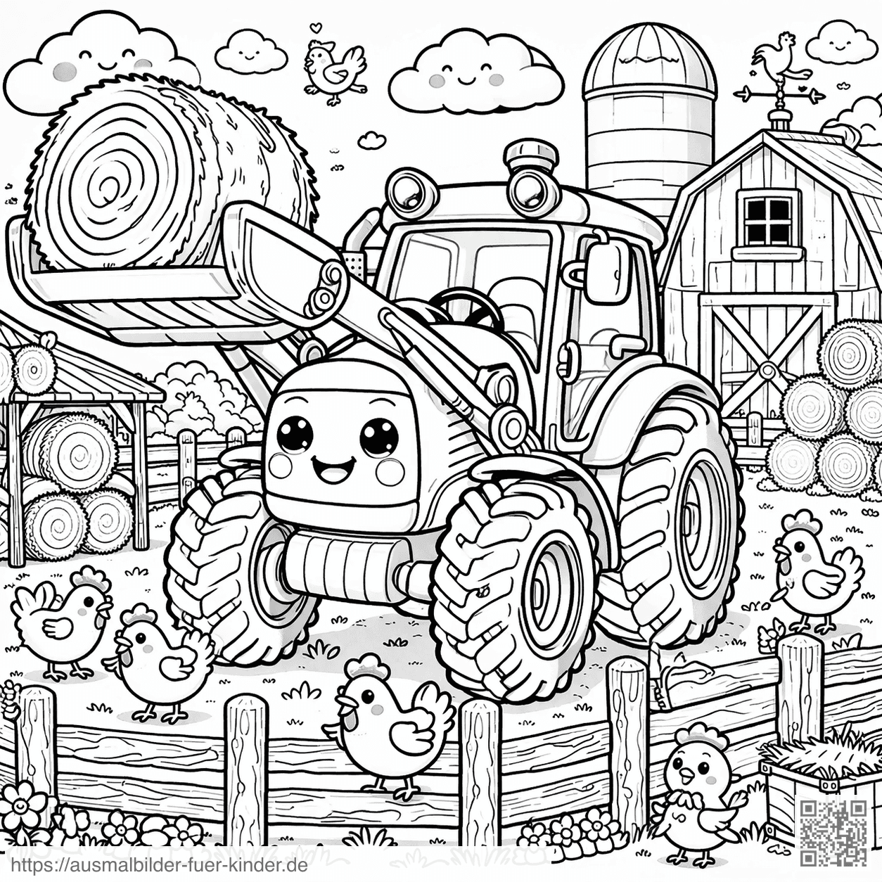 Fröhliche Farm mit Traktor und Tieren - Ausmalbild