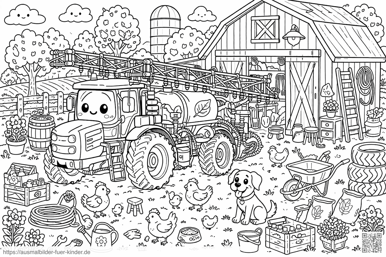 Fröhliche Farmszene im Cartoon-Stil - Ausmalbild