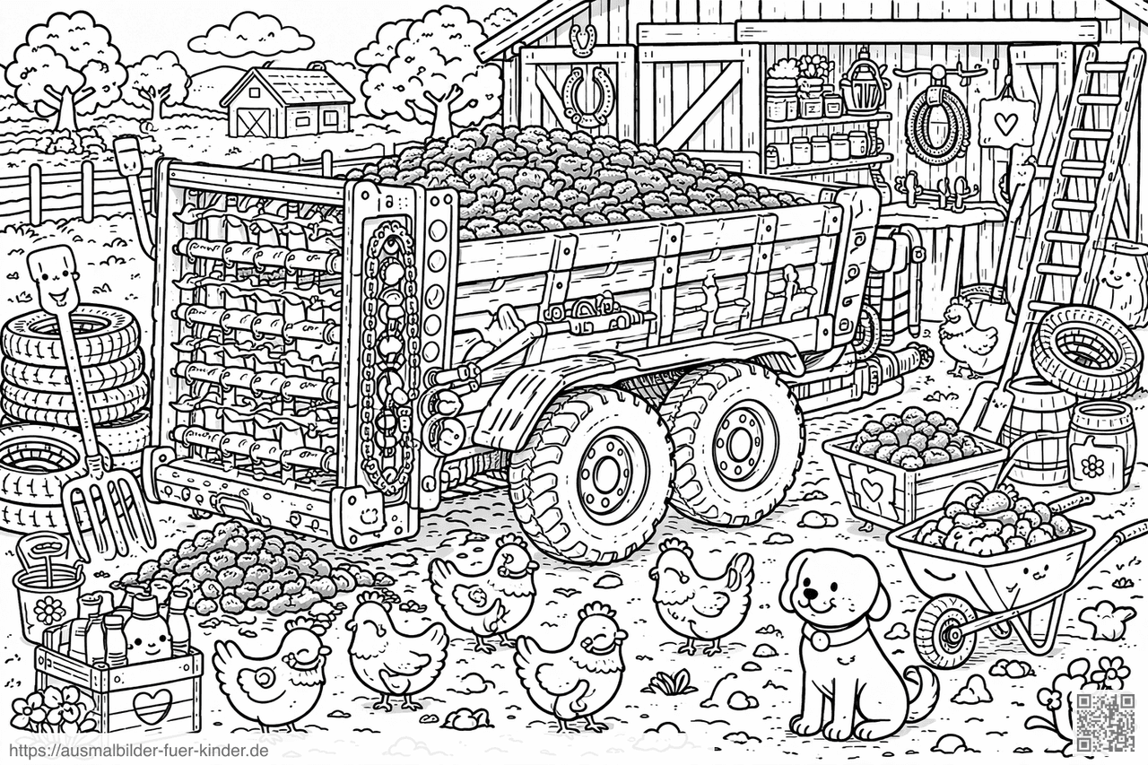 Fröhlicher Bauernhof mit Traktor und Tieren - Ausmalbild