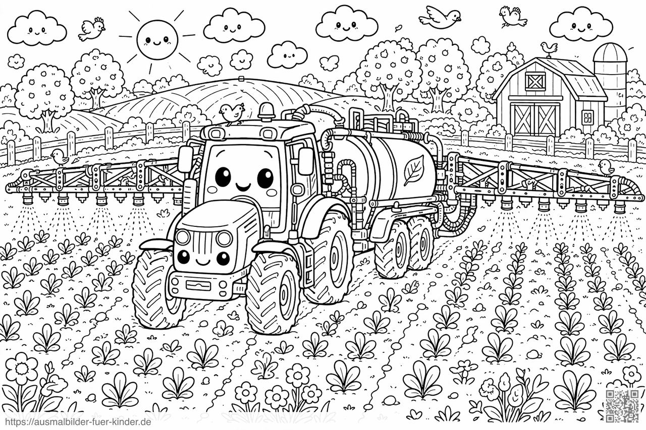 Kawaii Bauernhof mit Traktor und Sprüher - Ausmalbild