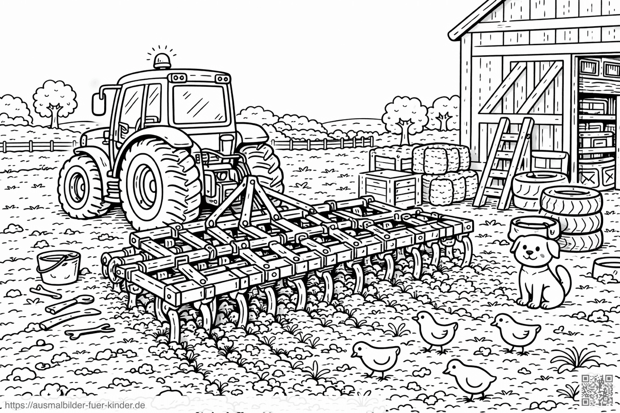 Kawaii Bauernhofszene mit Traktor und Tieren - Ausmalbild