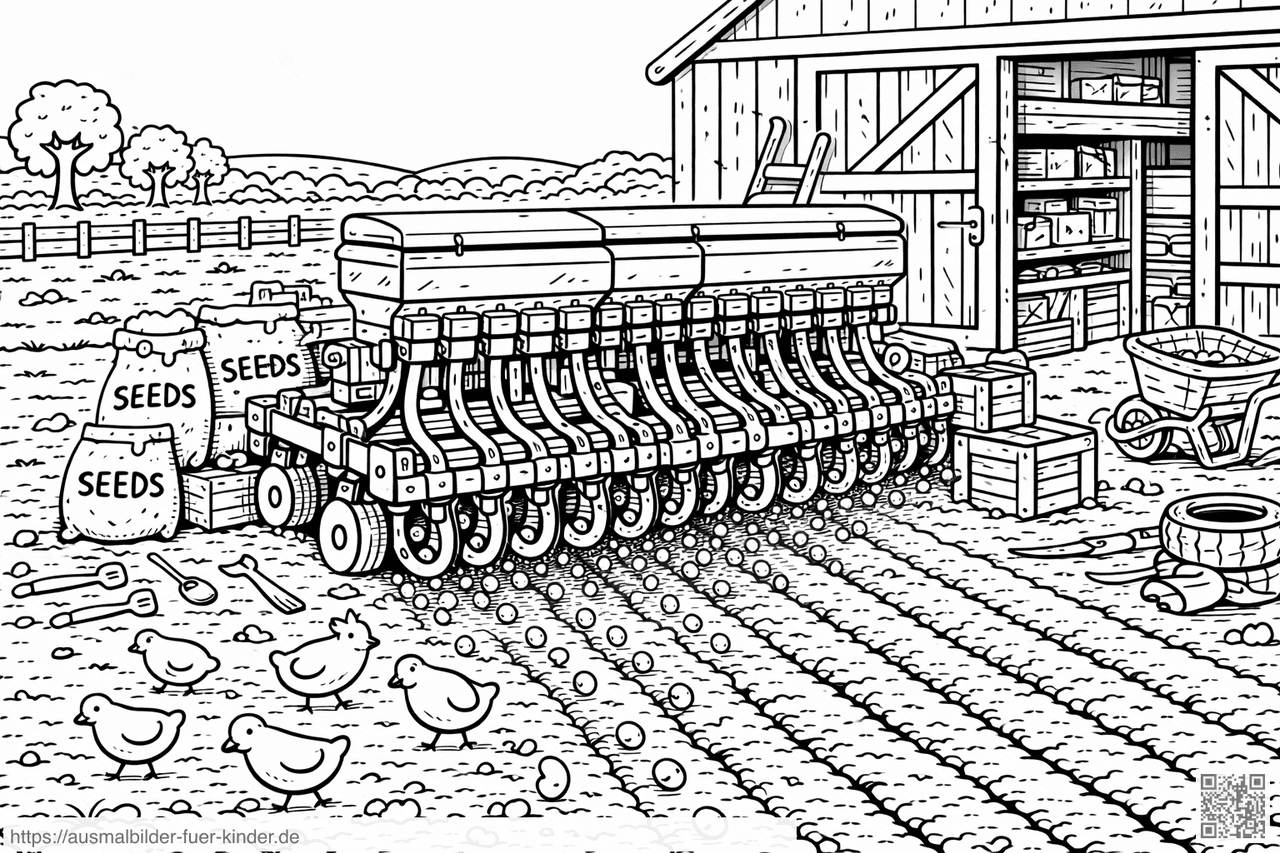 Kawaii Farmyard mit Saatgut und Hühnern - Ausmalbild