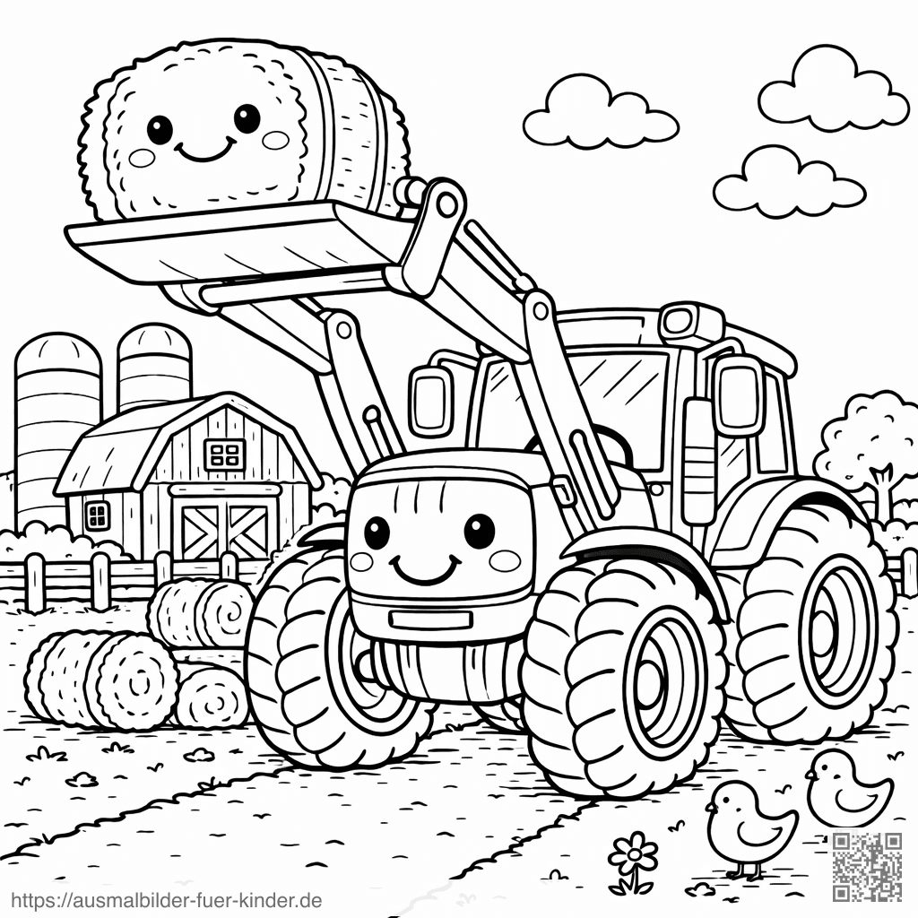 Kawaii Traktor auf dem Bauernhof - Ausmalbild