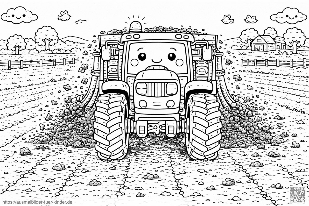 Kawaii Traktor bei der Feldarbeit - Ausmalbild