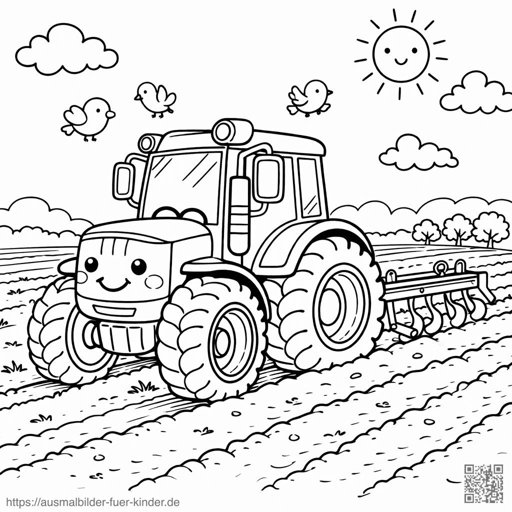 Kawaii-Traktor beim Pflügen der Felder - Ausmalbild