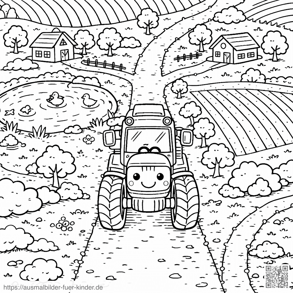 Lächelnder Traktor auf ländlichem Weg - Ausmalbild