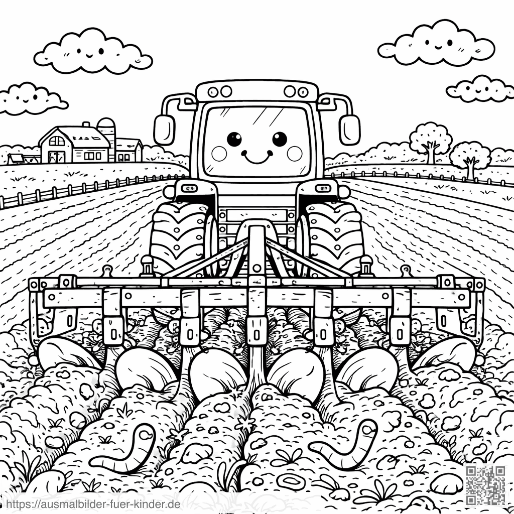 Lächelnder Traktor mit Pflug im Feld - Ausmalbild