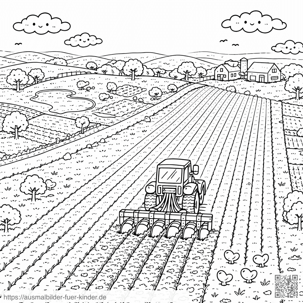 Süßes Bauernhofpanorama mit Traktor - Ausmalbild