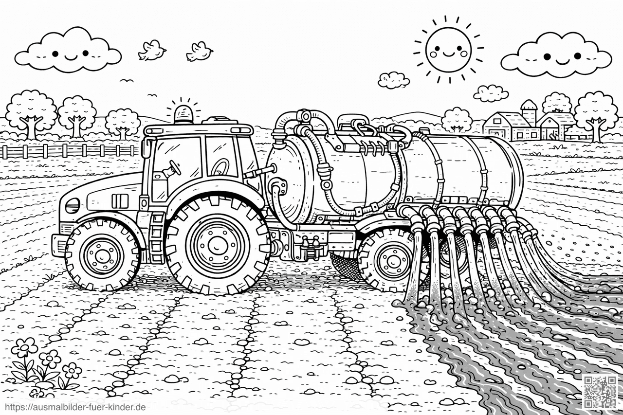 Schlepper mit Güllefass auf dem Feld - Ausmalbild