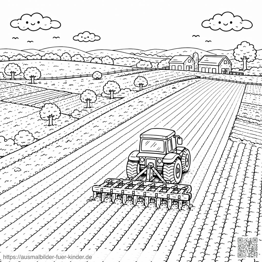 Traktor auf dem Bauernhof aus der Vogelperspektive - Ausmalbild