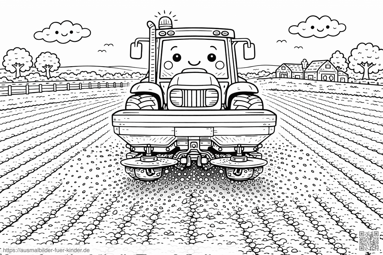 Traktor auf dem Feld mit Düngerstreuer - Ausmalbild