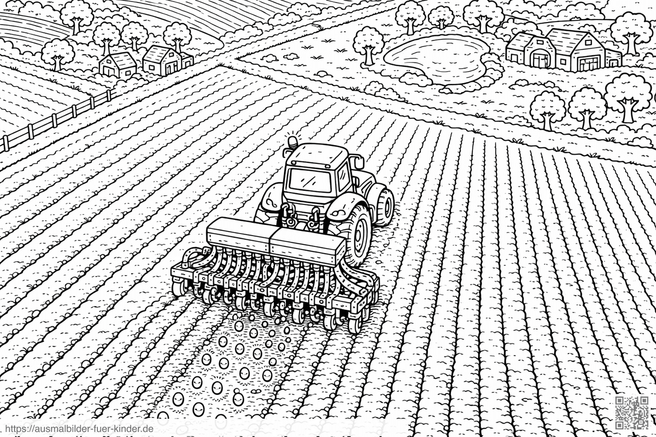 Traktor bei der Aussaat im Feld - Ausmalbild