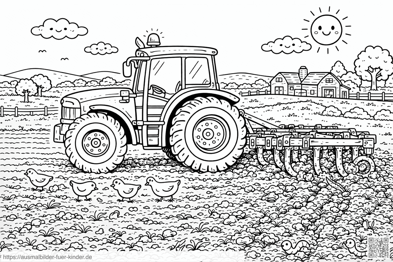 Traktor beim Pflügen auf dem Bauernhof - Ausmalbild
