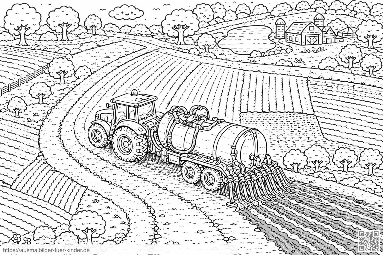 Traktor mit Güllefass in der Landschaft - Ausmalbild