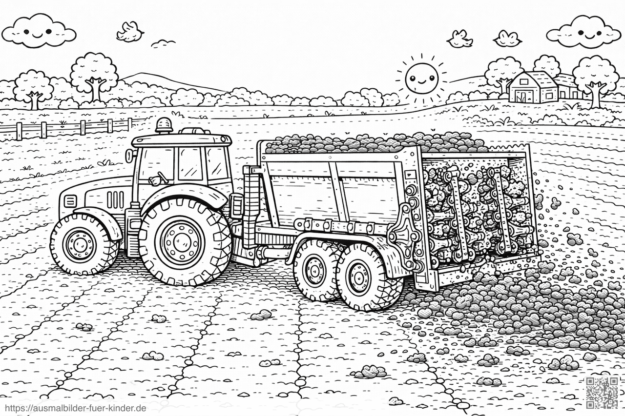 Traktor mit Miststreuer auf dem Feld - Ausmalbild