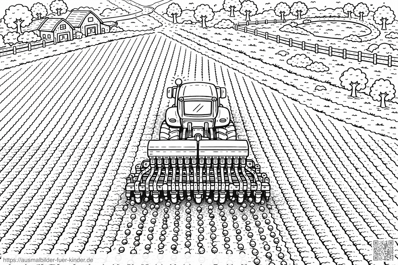 Traktor pflanzt Samen auf Feld - Ausmalbild