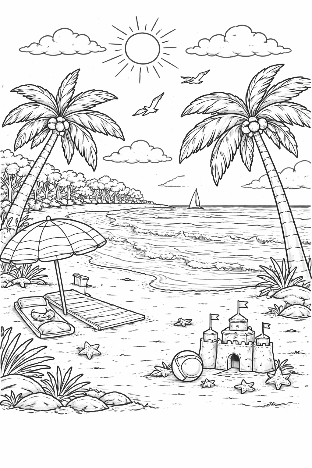 Tropischer Strand - Ausmalbild