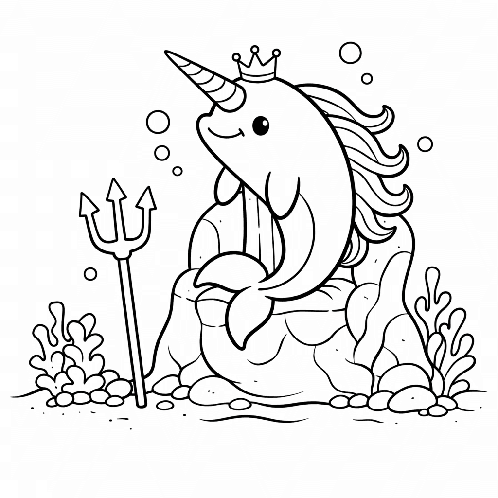 Unterwasser Einhorn Auf Felsen Thron - Ausmalbild