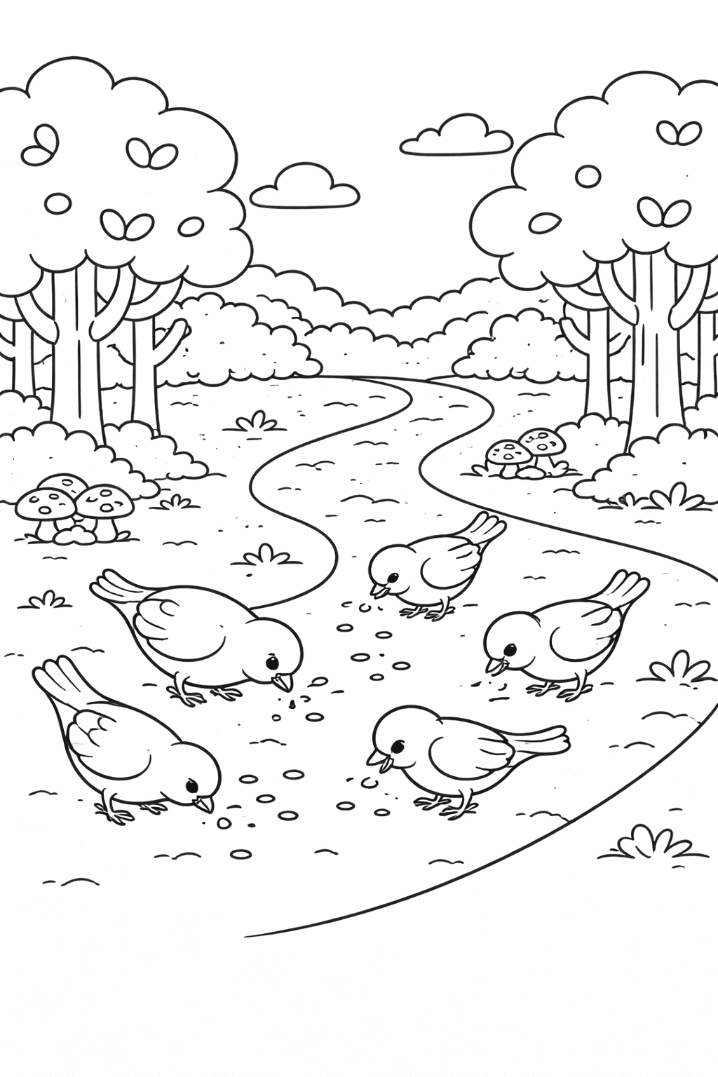 Vögel im Wald auf der Suche nach Brotkrumen - Ausmalbild