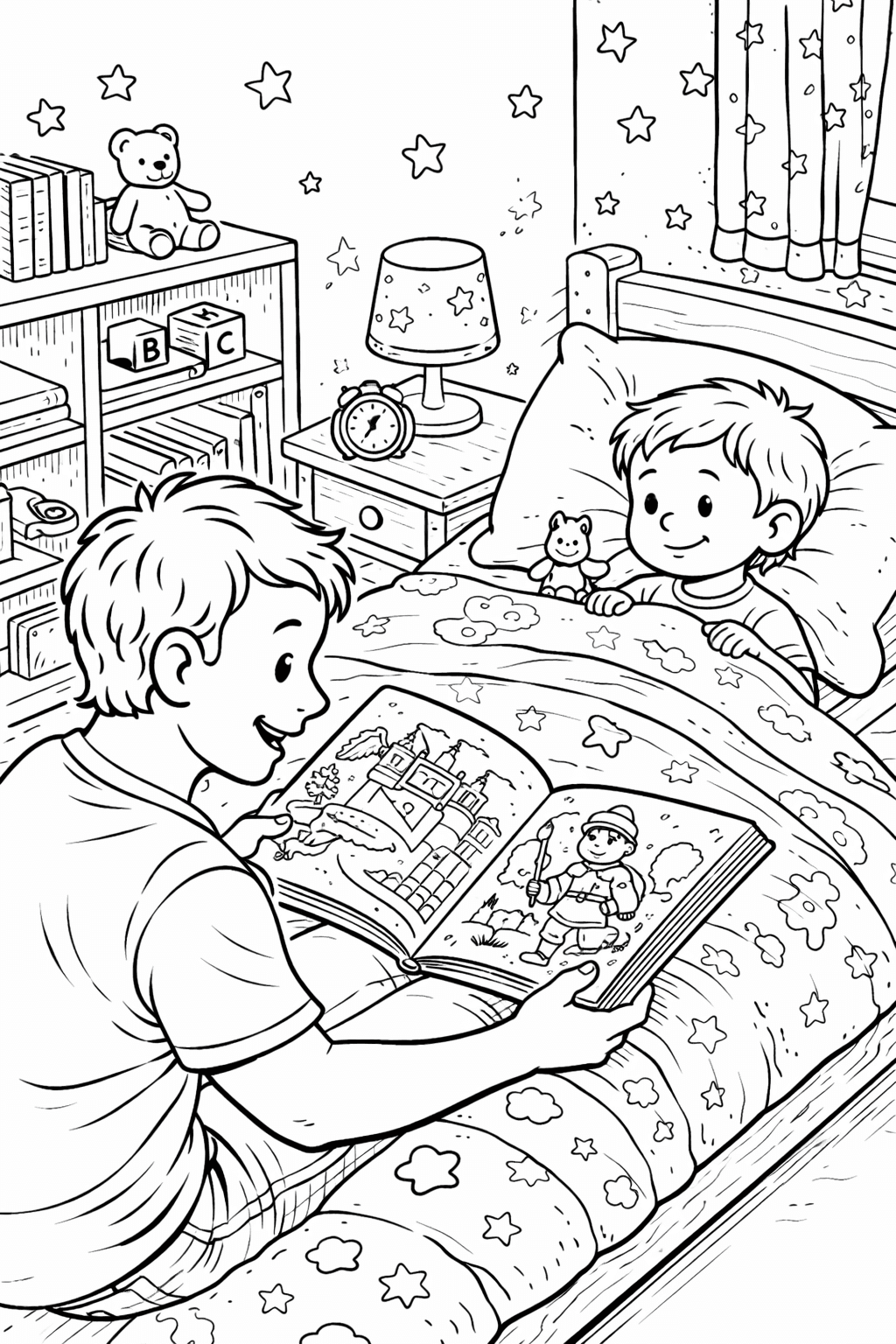 Vater liest Gute-Nacht-Geschichte vor - Ausmalbild