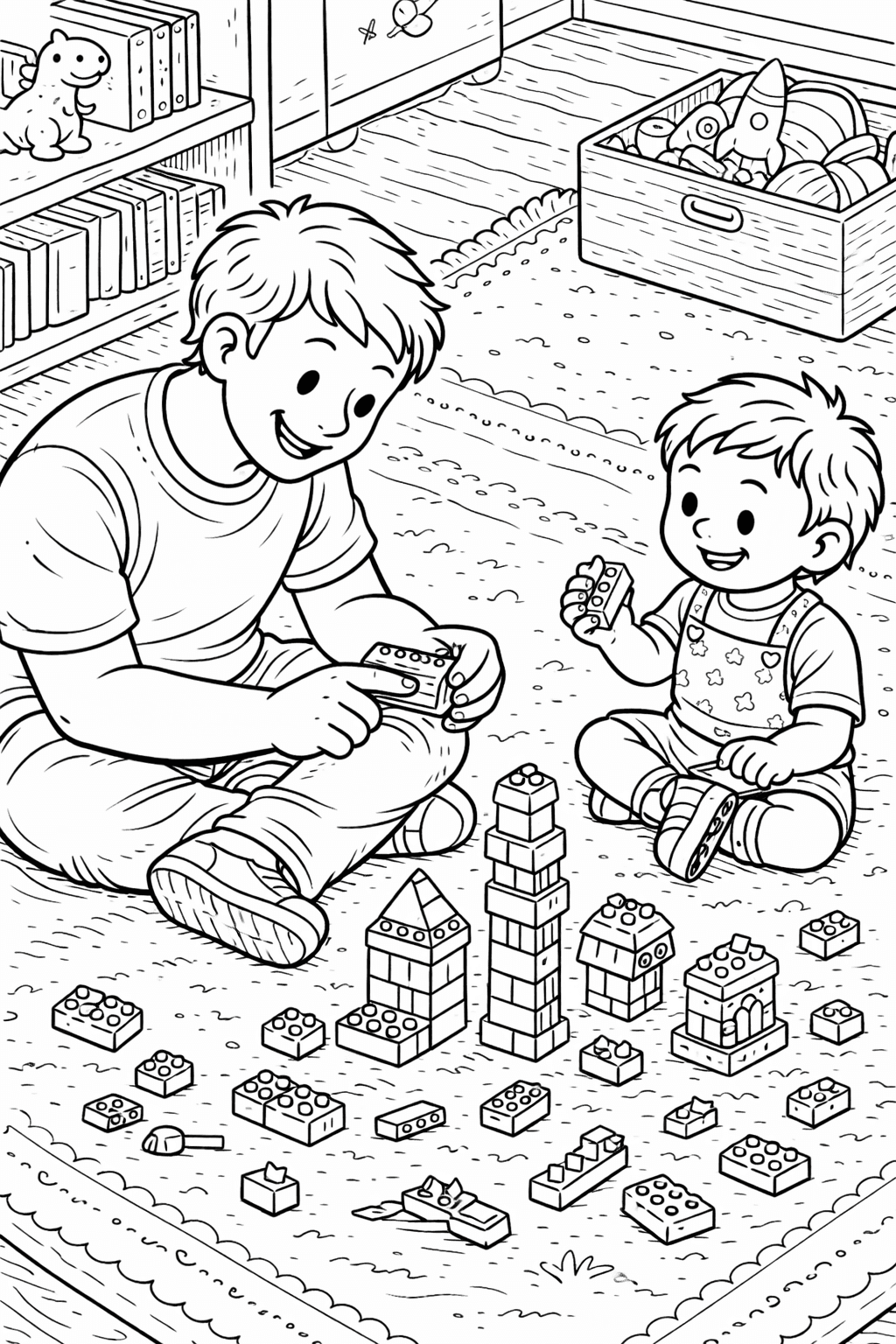 Vater und Kind beim Bauen - Ausmalbild