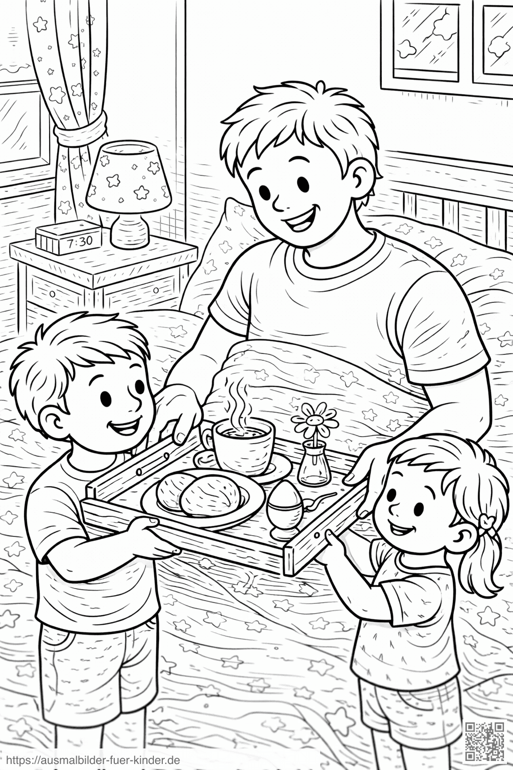 Vater und Kinder zum Frühstück - Ausmalbild Vater und Kinder zum Frühstück - Ausmalbild