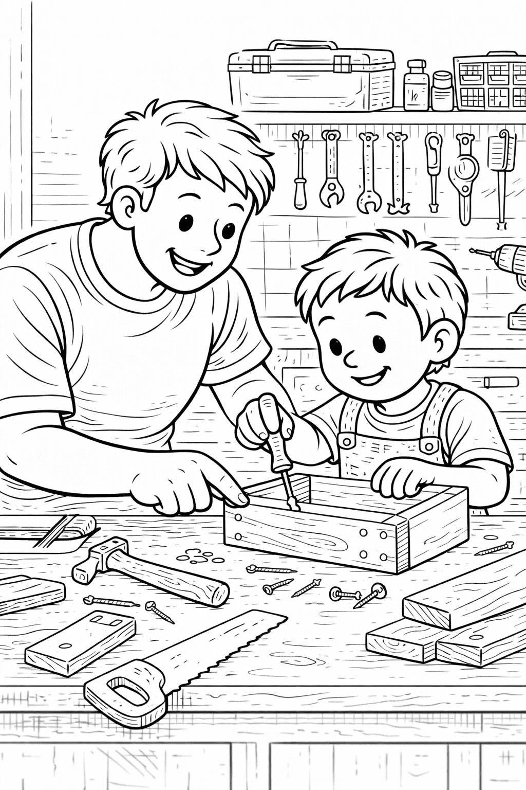 Vater und Sohn bei der Arbeit - Ausmalbild